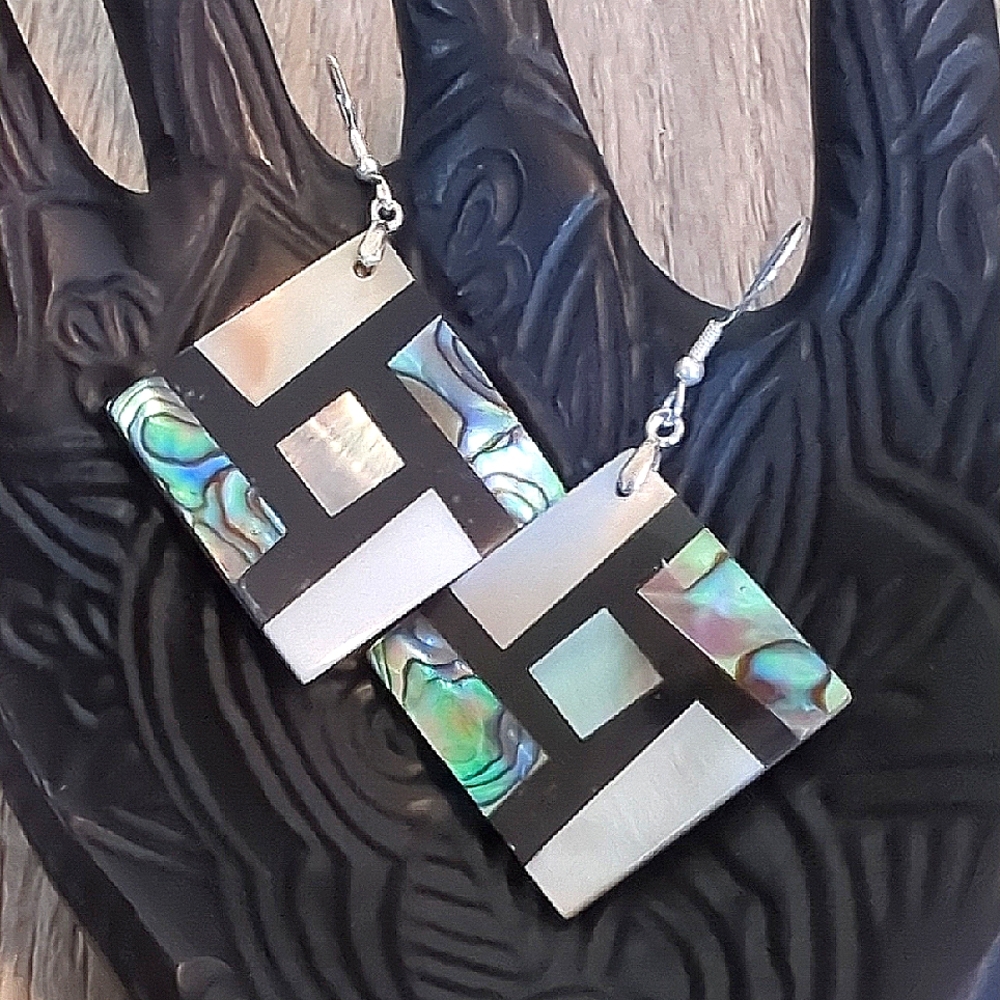 Abalone Mother Of Pearl And Onyx Sterling Silver Earrings